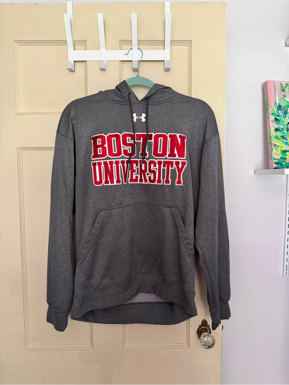 Under Armour Gray Boston University Pullover Hoodie with Red Lettering